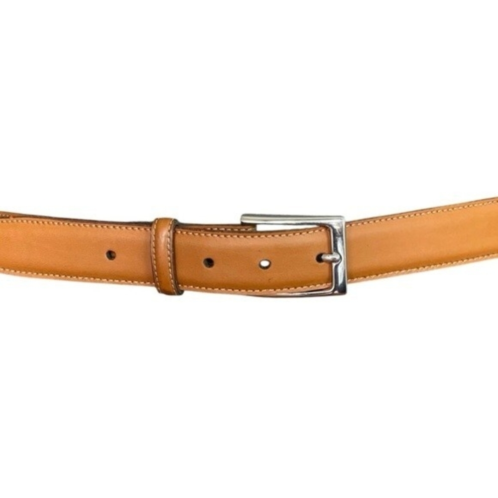 LANDS' END Mid Brown Genuine Leather Silver Solid Brass Buckle Dress Belt Sz 42
